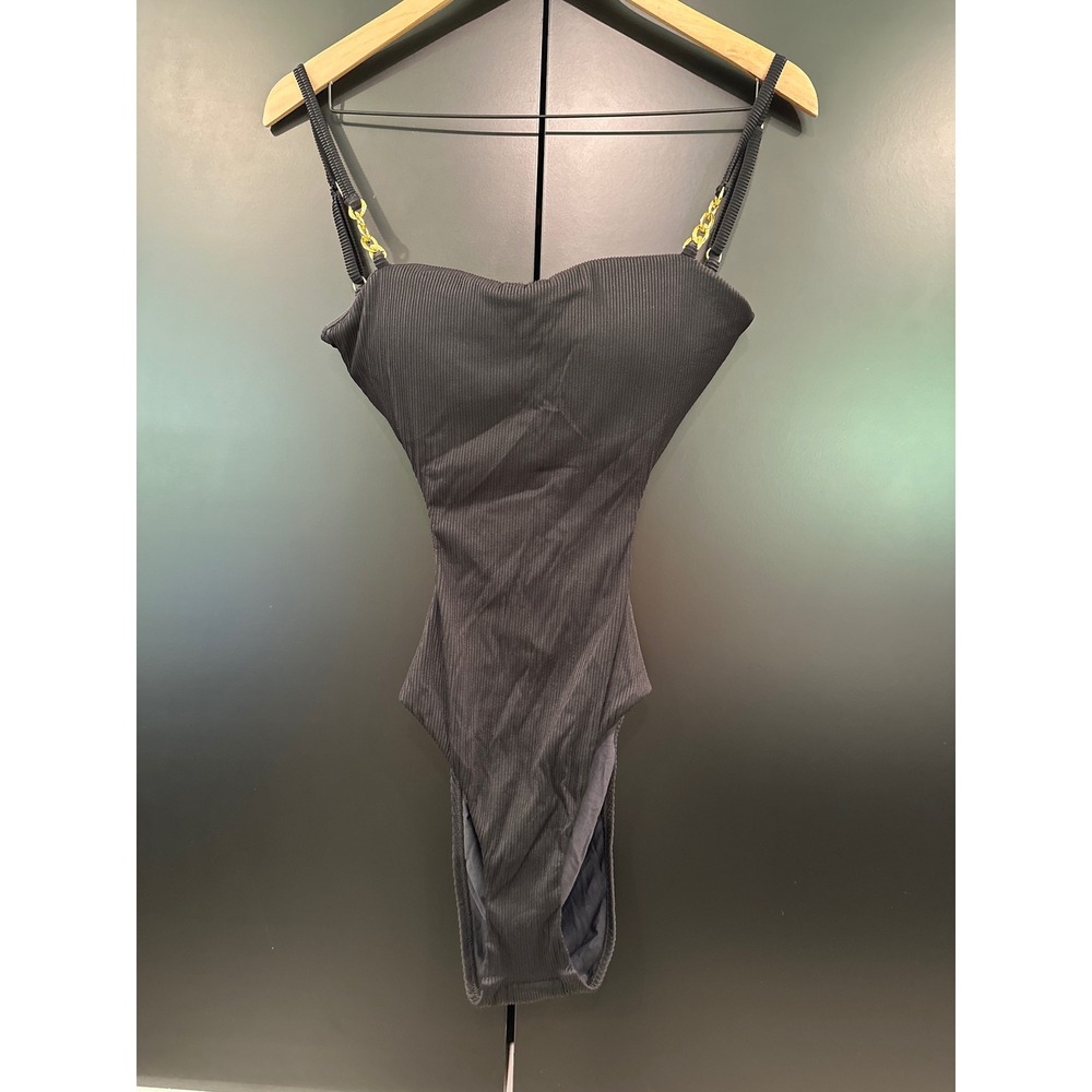 Aqua Swim Women Black Ribbed One Piece Swimsuit Gold Chain Straps BLK-5003P S